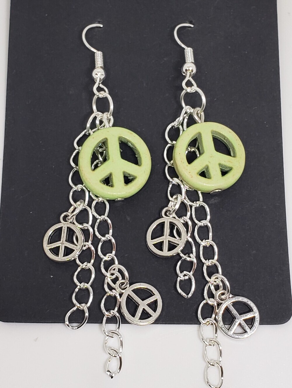 Handmade Green Silver Metal Peace Chain Dangle Earrings